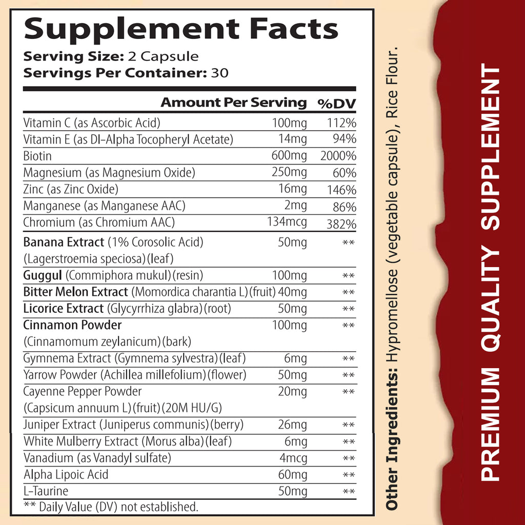 Suplemento premium puro Blood Sugar Complex: favorece niveles normales de azúcar en sangre. Natural. Con canela, melón amargo, cromo, mora y ácido alfa lipoico. Sin OMG. 60 cápsulas.