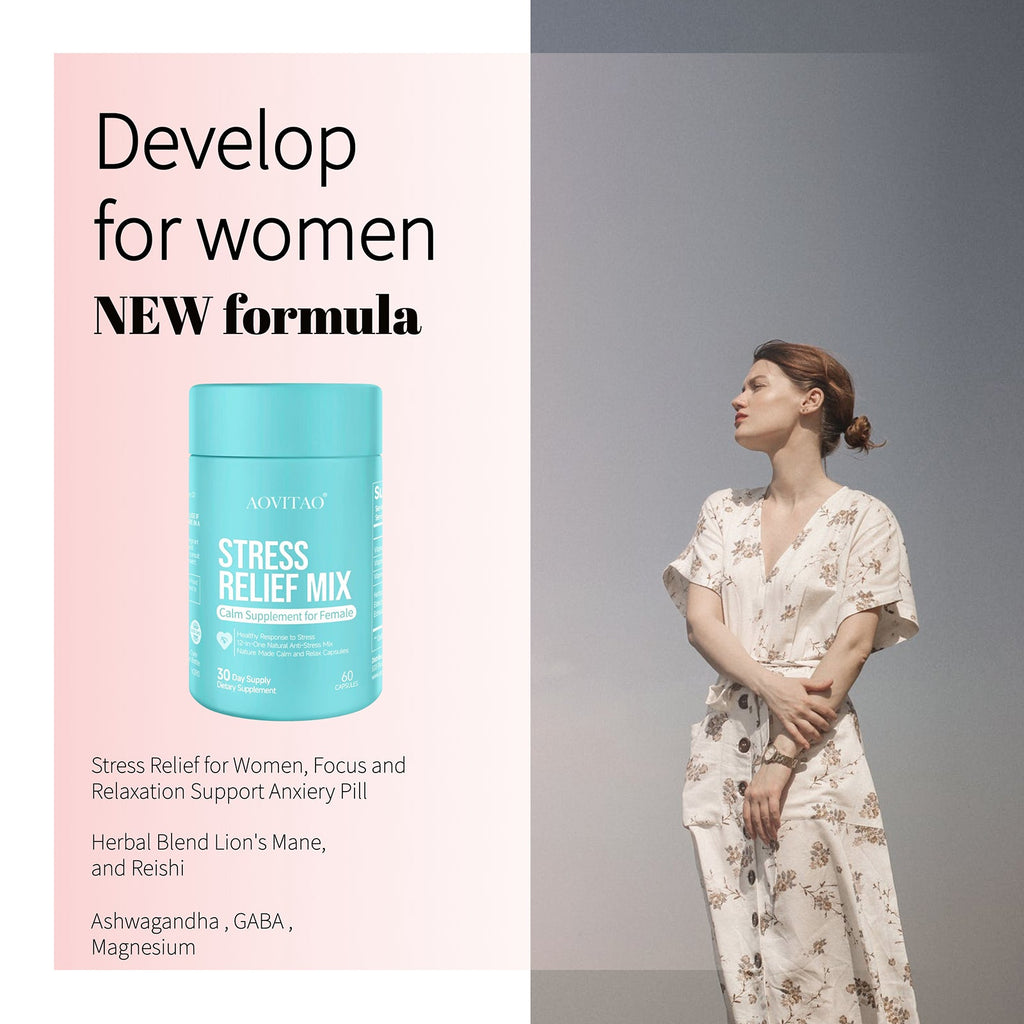 Suplemento de ashwagandha para mujeres con L-teanina y magnesio. Alivio del estrés, concentración y relajación. Píldora para la ansiedad.